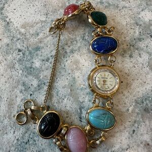 Gold-Tone Multi Cabochon Scarab Link Watch Bracelet - Tempus